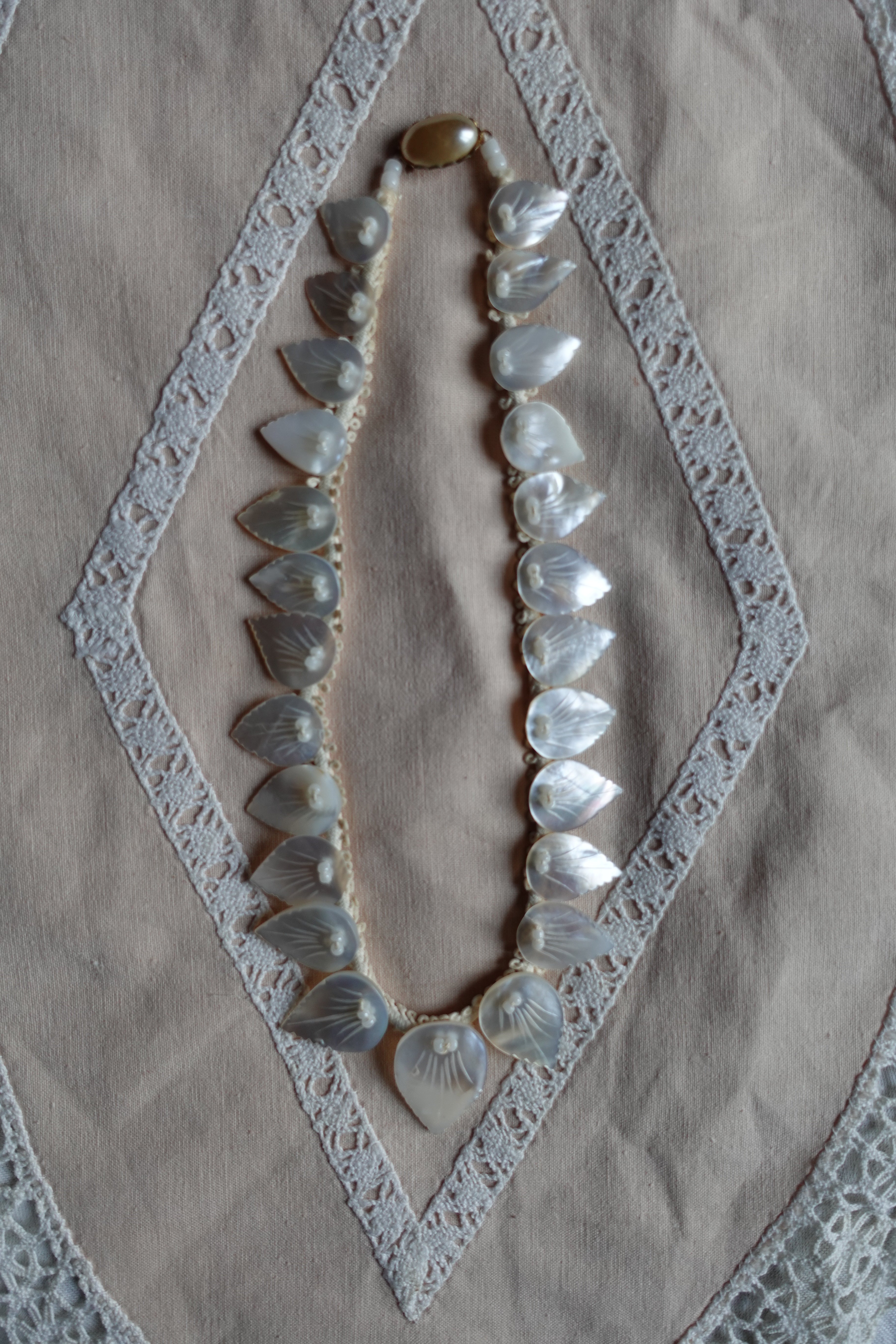 Rare Antique Mother of Pearl Carved Leaf Choker Necklace