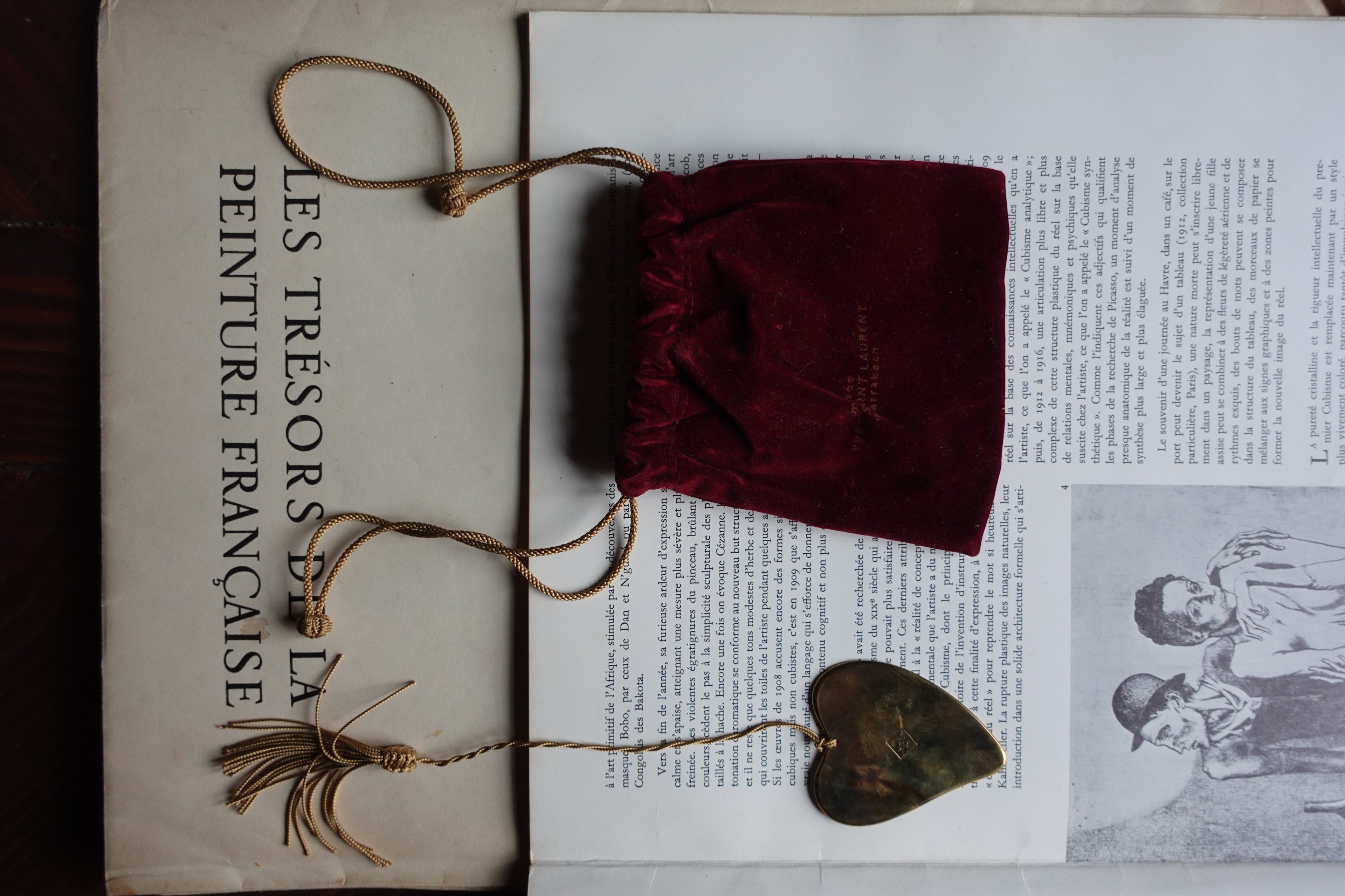 Brass Heart YSL Bookmark with Tassel Cord in a Crimson Velvet Pouch