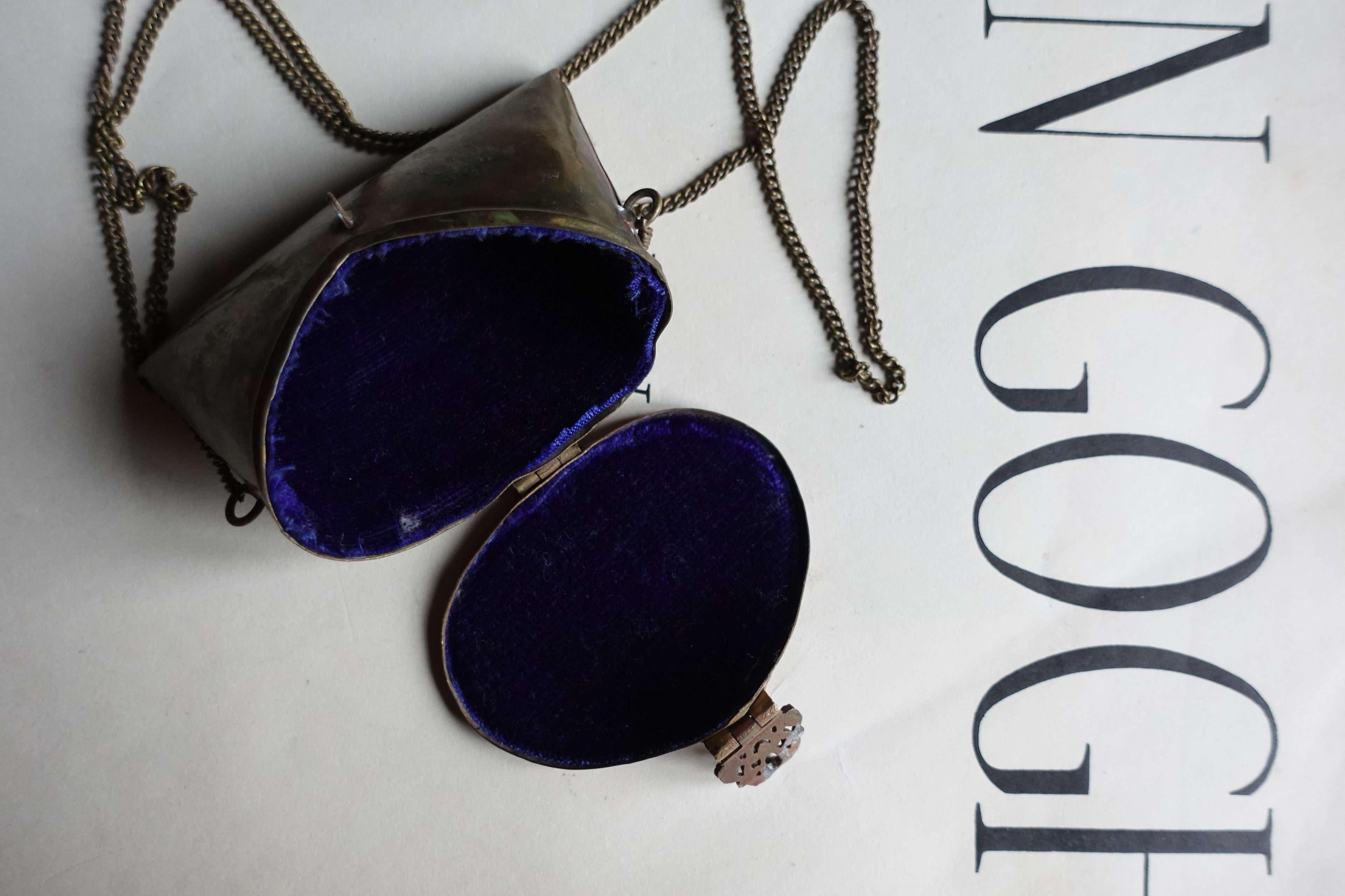 Rare Antique Brass Minaudière / Visiting Card Case Pendant Necklace