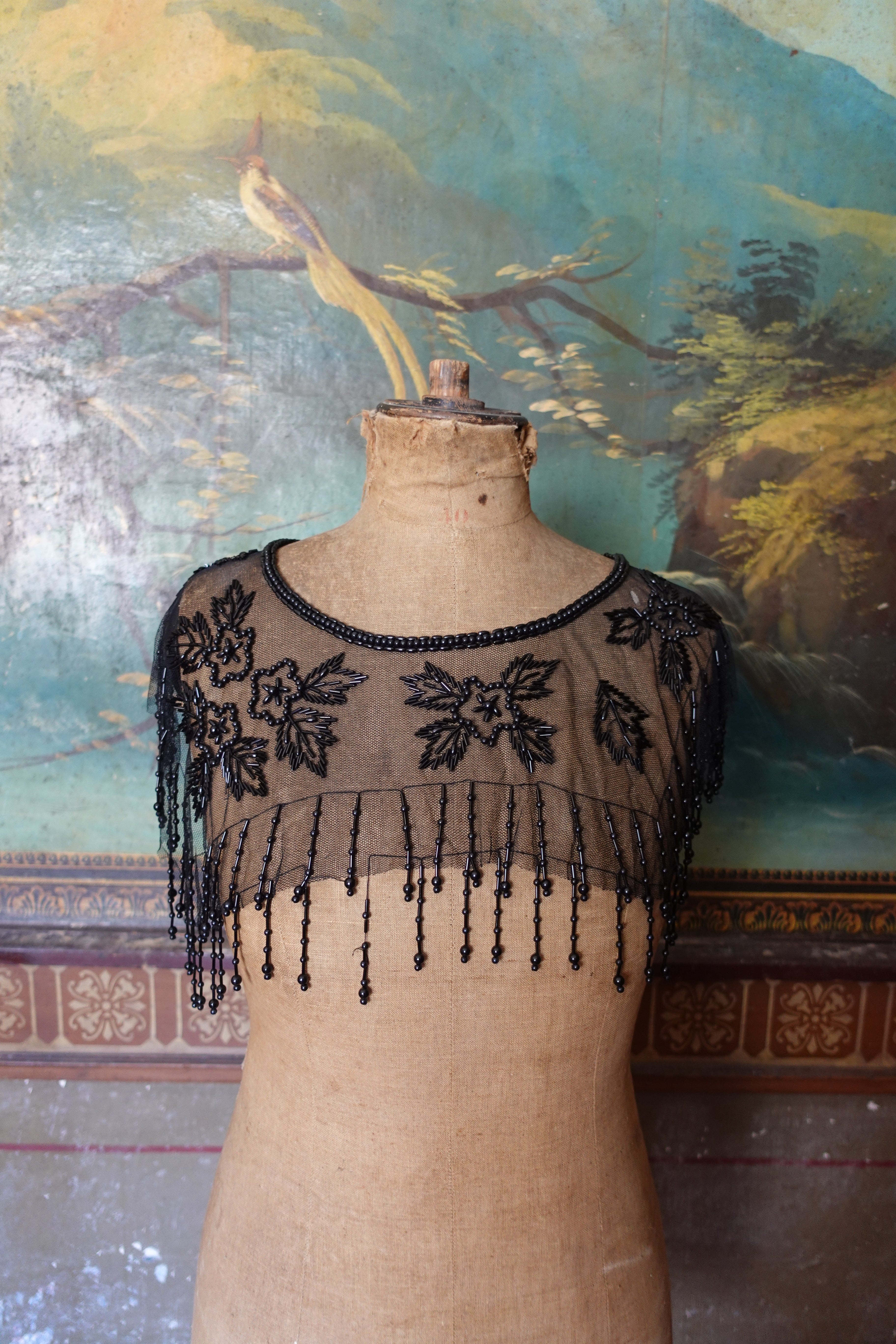 Rare Antique Black Jet Beaded Net Mourning Cape / Bertha Collar