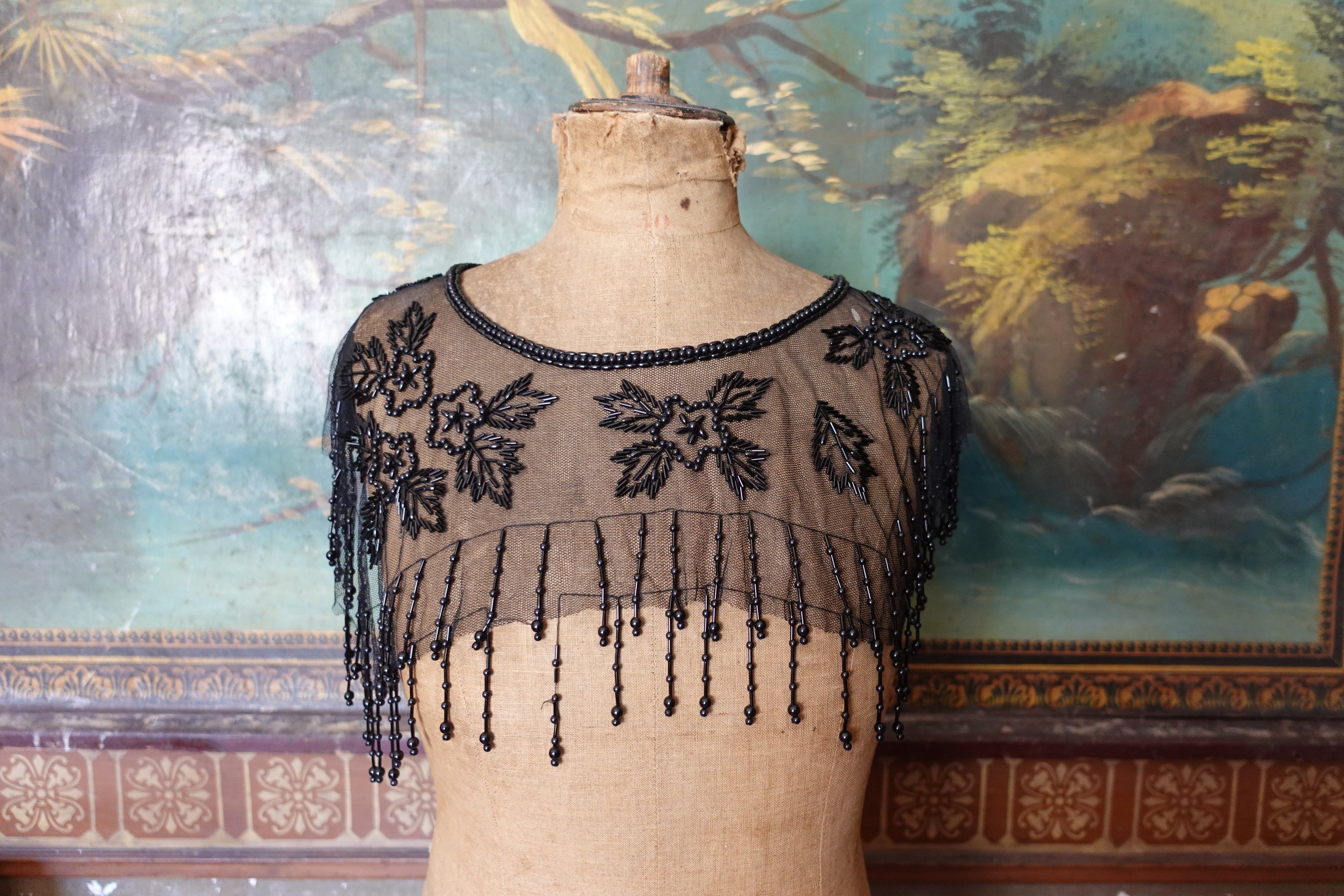 Rare Antique Black Jet Beaded Net Mourning Cape / Bertha Collar