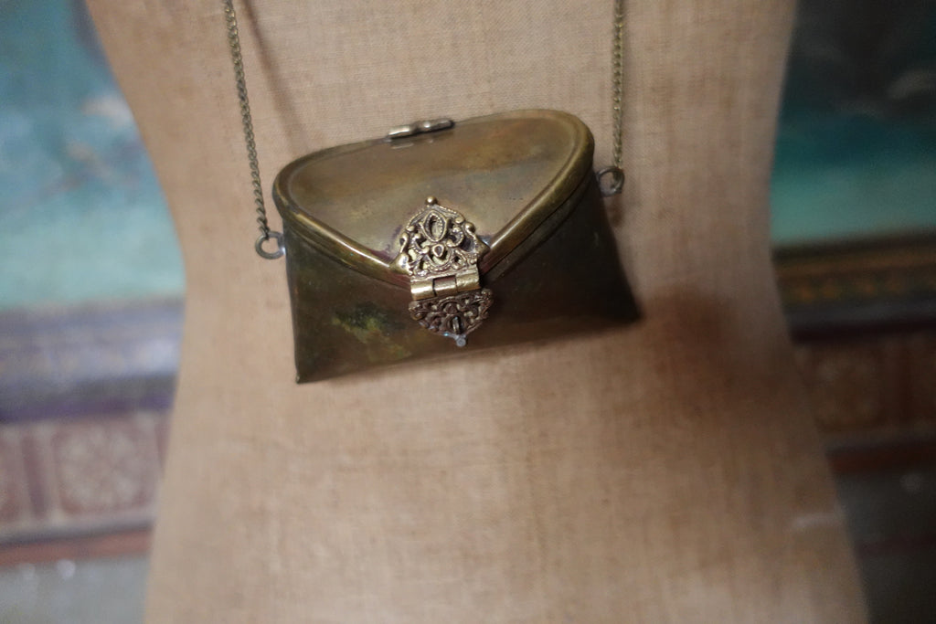 Rare Antique Brass Minaudière / Visiting Card Case Pendant Necklace