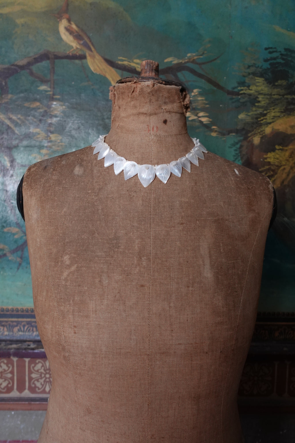Rare Antique Mother of Pearl Carved Leaf Choker Necklace
