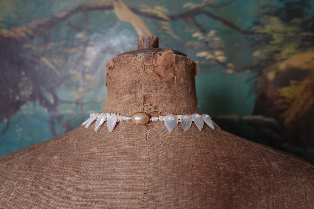 Rare Antique Mother of Pearl Carved Leaf Choker Necklace
