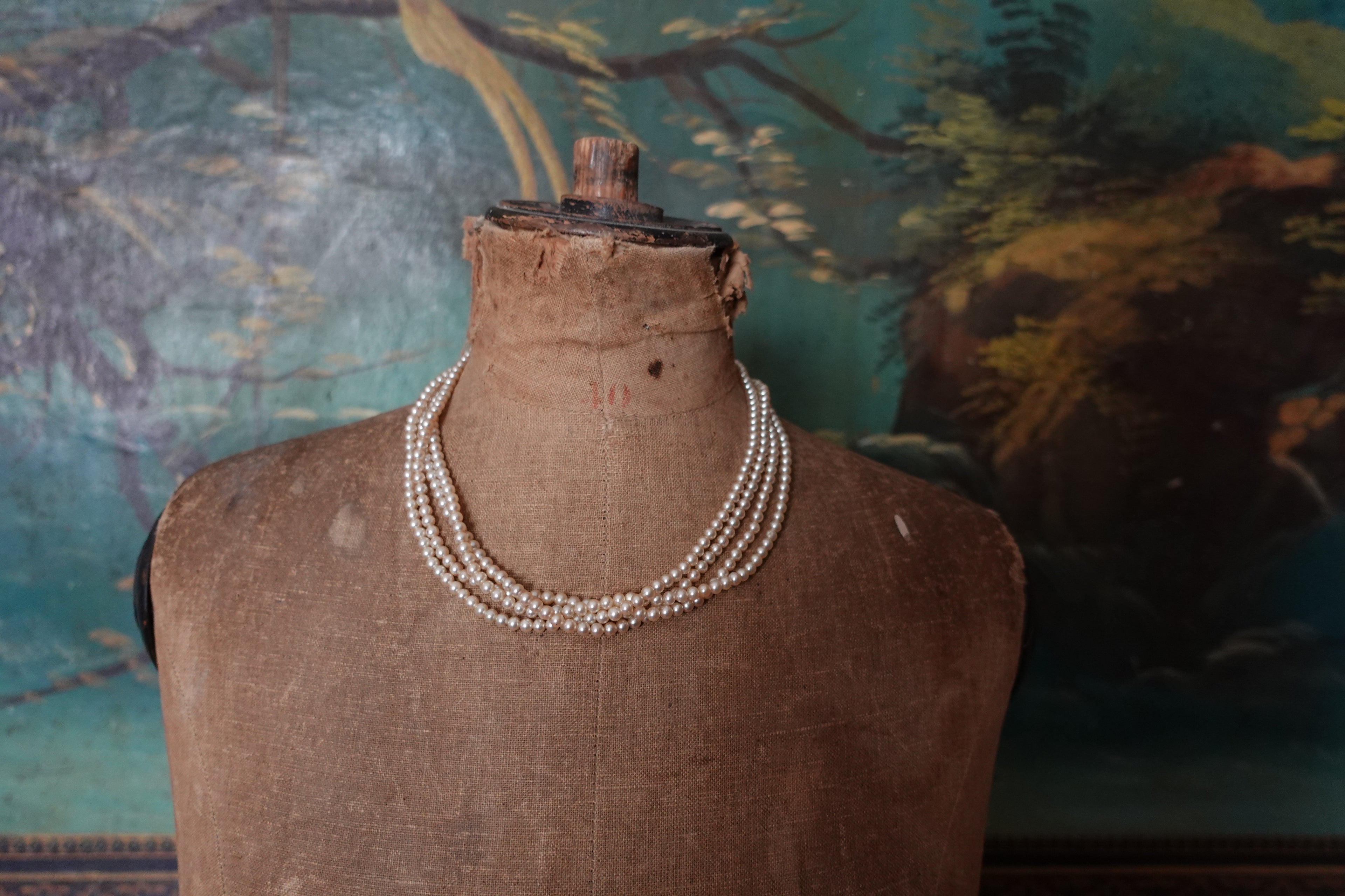 Vintage Triple-Strand Faux Pearl Choker with Gold Wing & Crystal Clasp