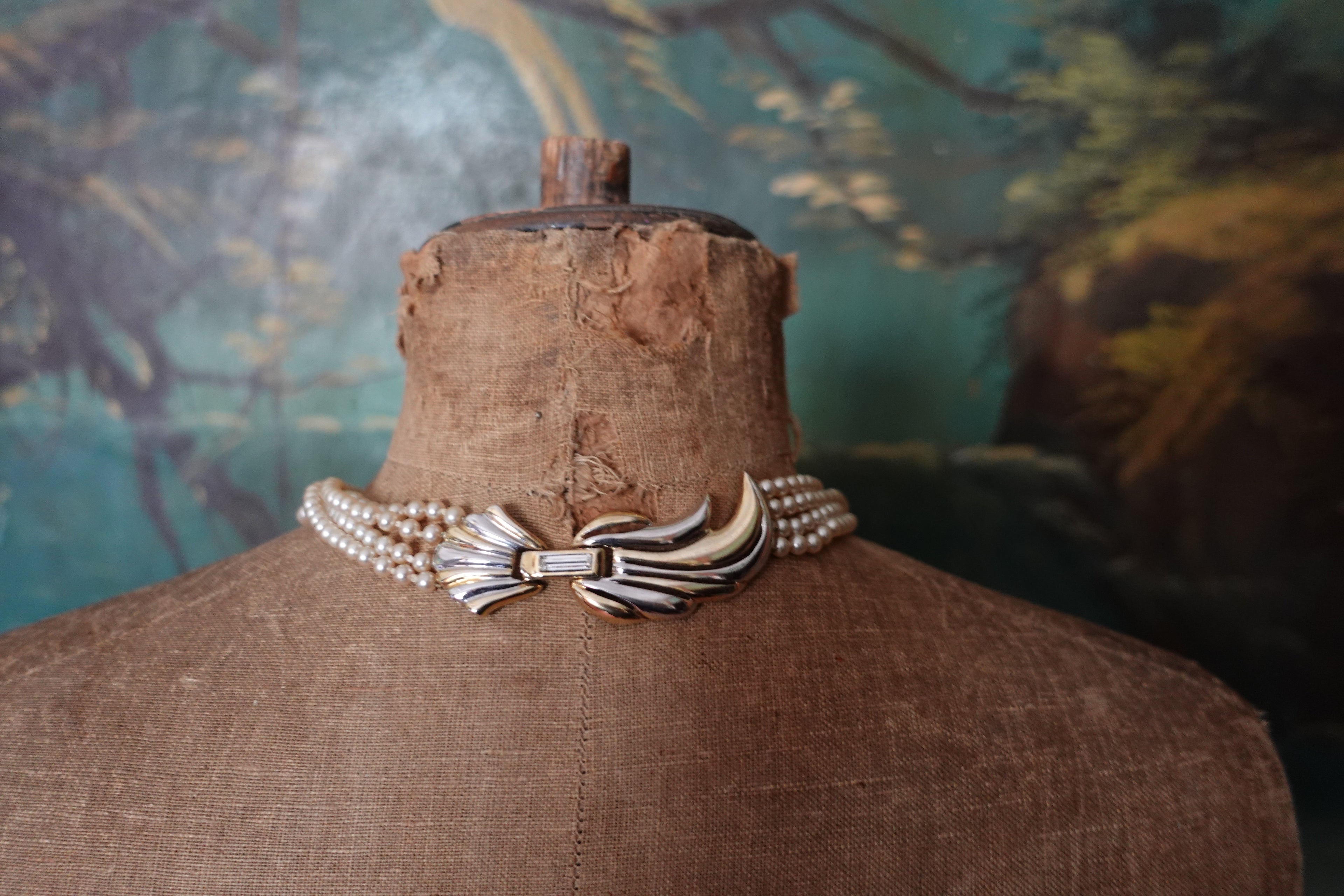 Vintage Triple-Strand Faux Pearl Choker with Gold Wing & Crystal Clasp