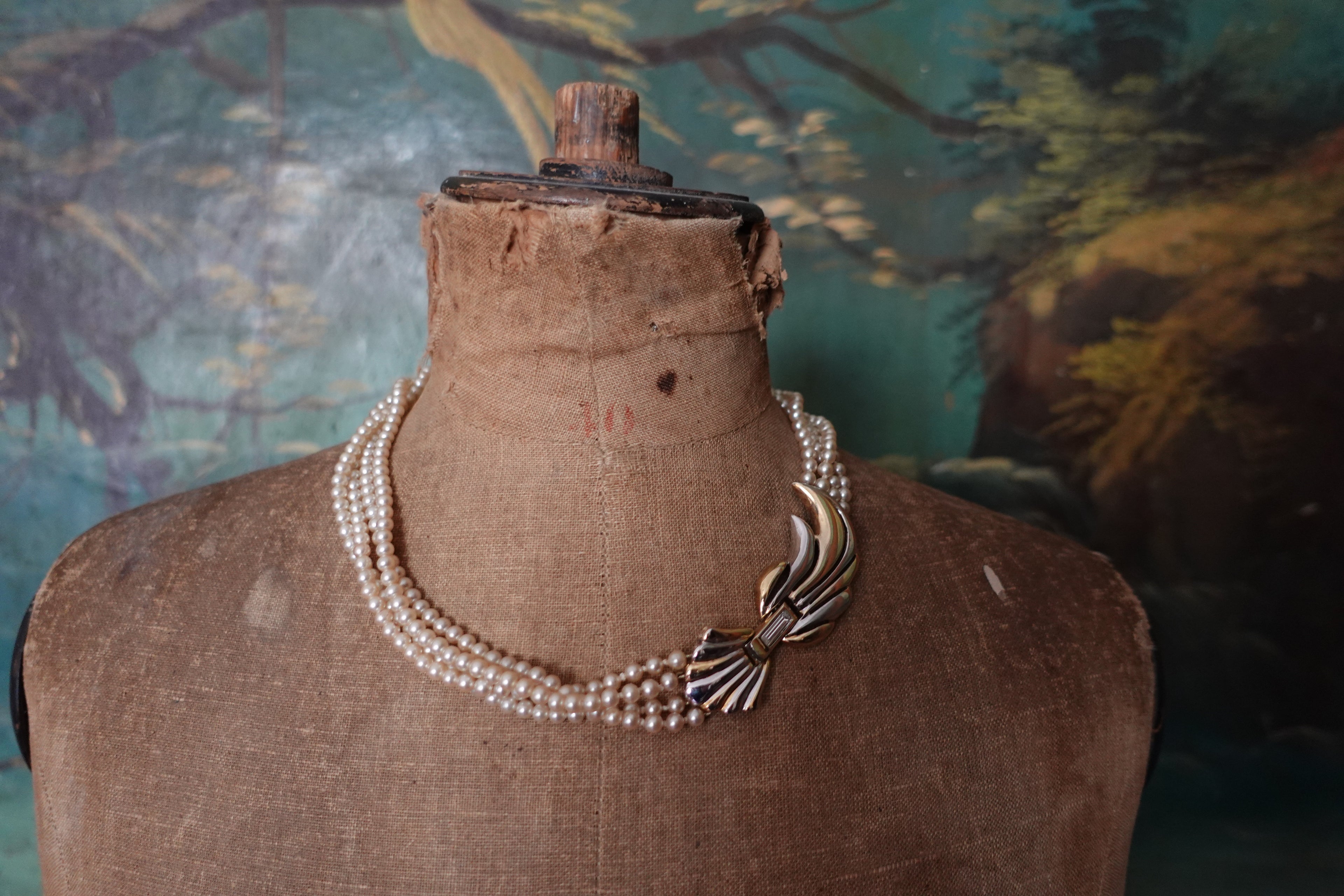 Vintage Triple-Strand Faux Pearl Choker with Gold Wing & Crystal Clasp