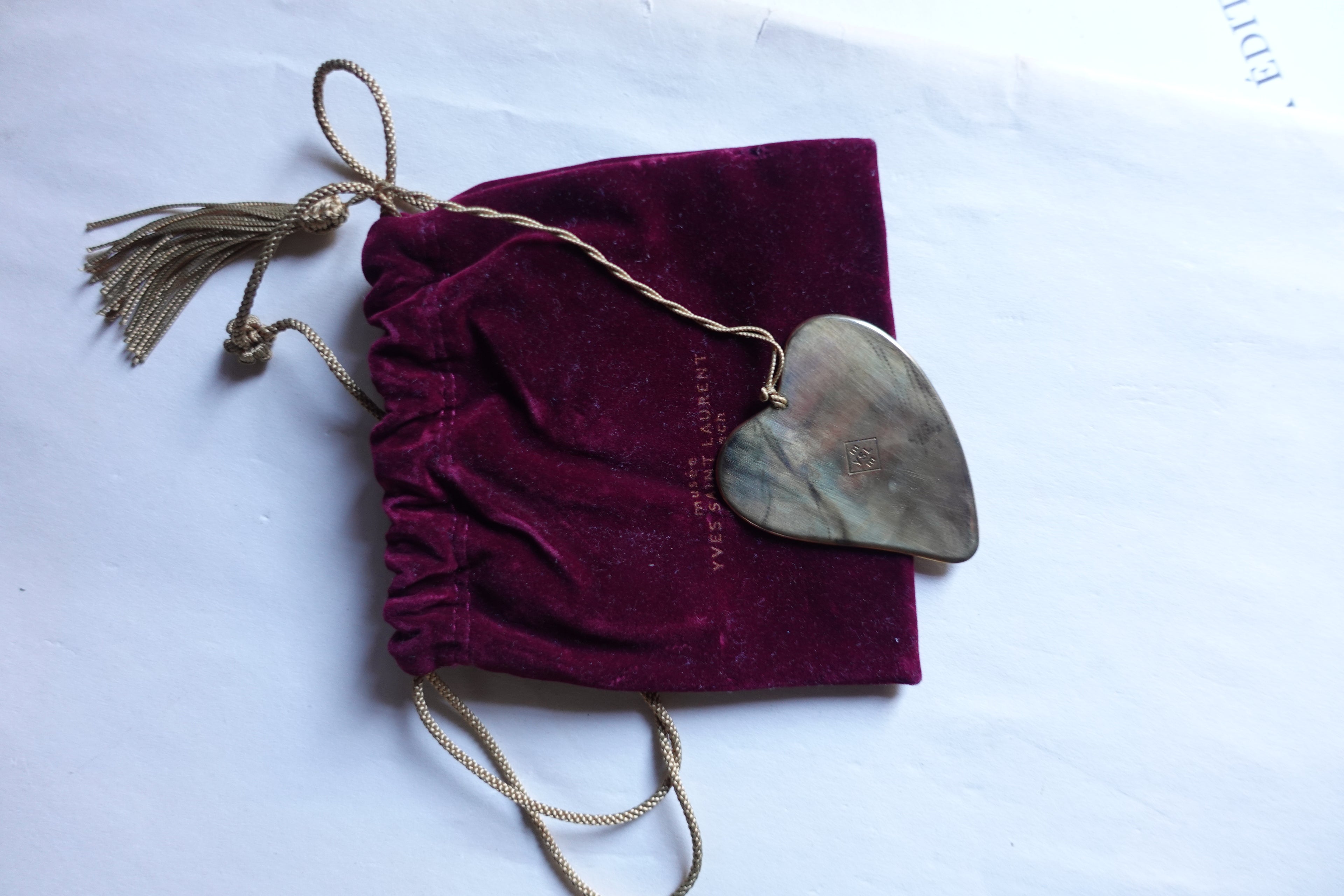 Brass Heart YSL Bookmark with Tassel Cord in a Crimson Velvet Pouch